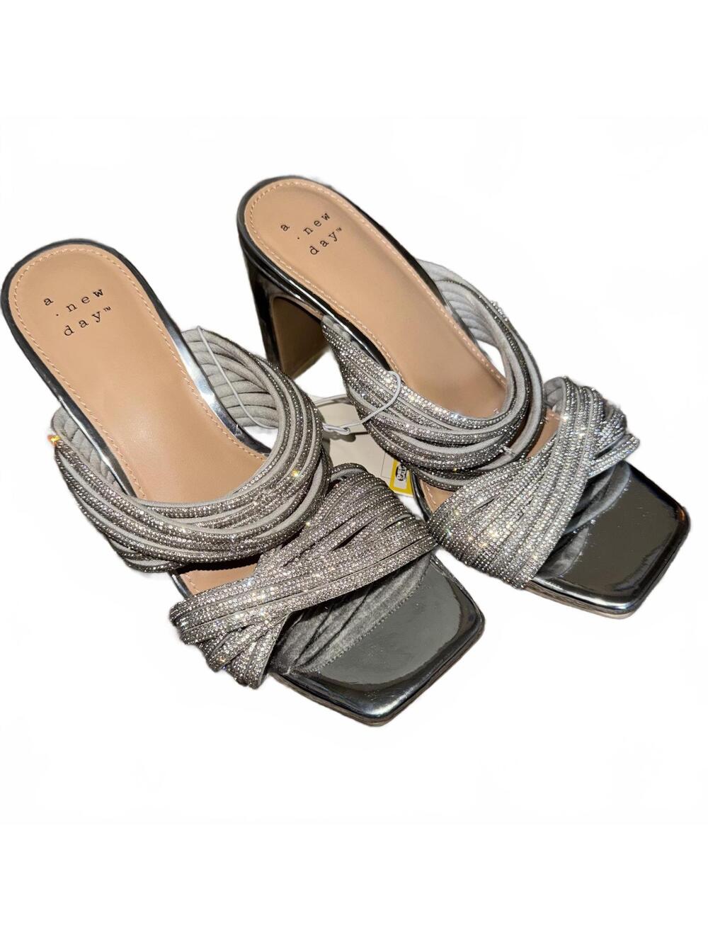 A New Day Silver Metallic Braided Block Heel Sandals Size 5 NWT